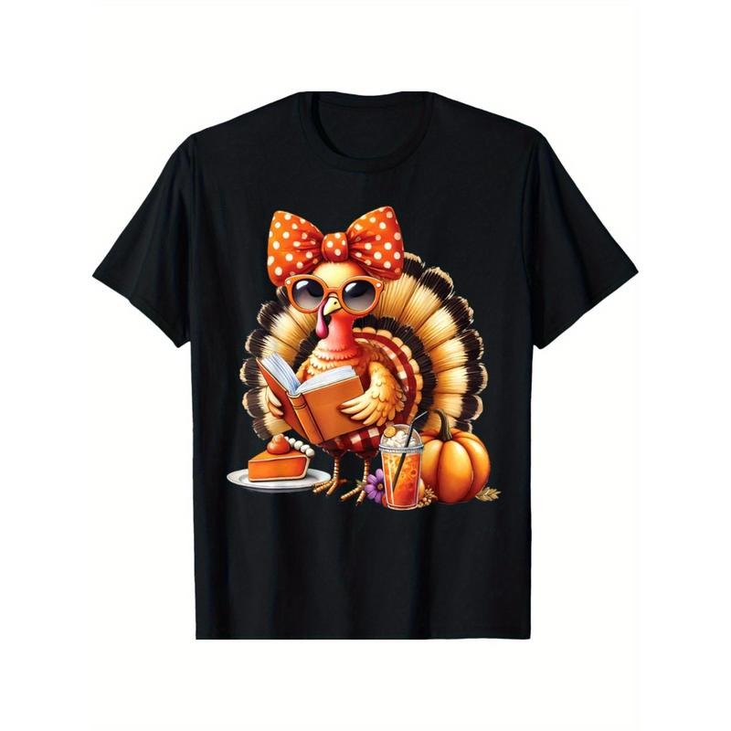 Cute Turkey Reading Book Lovers Thanksgiving Bow T-Shirt, Comfortable, Versatile, Soft and Breathable, Short-sleeved Top...