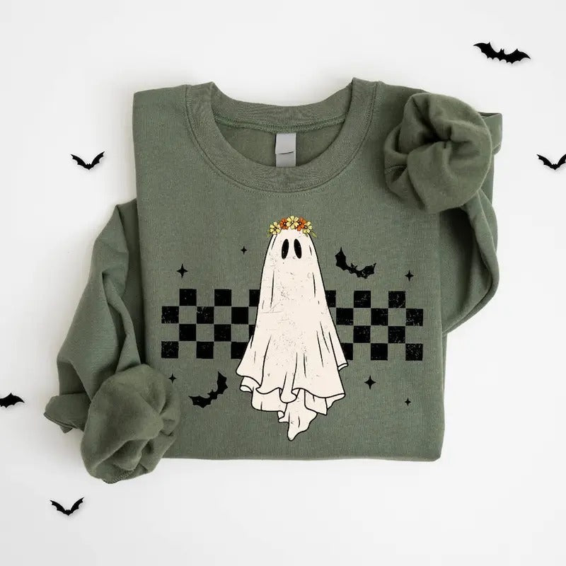 Cutel Ghost Sweatshirt, Flower Halloween Sweatshirt, Cute Ghost Sweatshirt, Womens Halloween Sweatshirt, Gift For...