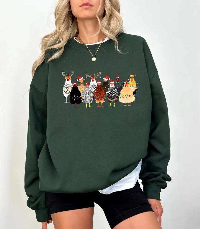 СUte Christmas Chickens Sweatshirt, Christmas Farm Animals Sweater, Xmas Chicken Tee, Christmas Holiday Gift, Unisex Long...