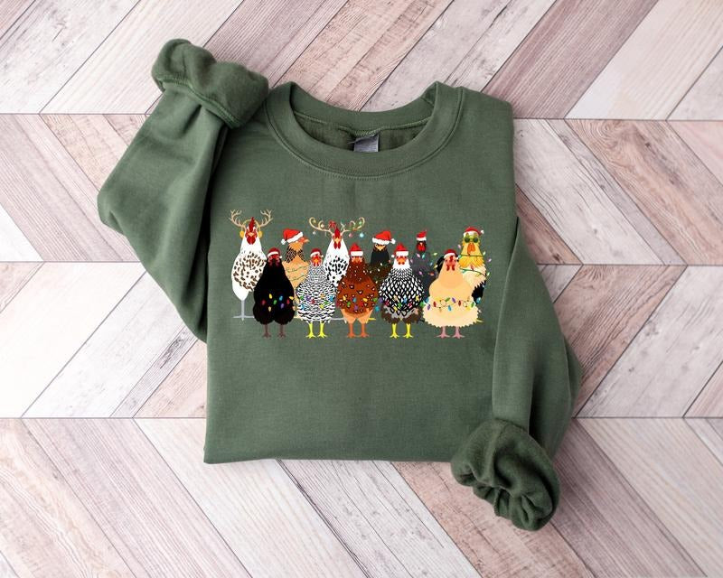 Сute Christmas Chickens Sweatshirt, Christmas Farm Animals Sweatshirt, Womens Christmas Chicken Sweatshirt, Christmas...