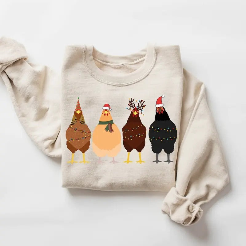 Сute Christmas Chickens Sweatshirt, Christmas Farm Sweatshirt, Funny Christmas Chicken Sweatshirt, Christmas Crewneck,...
