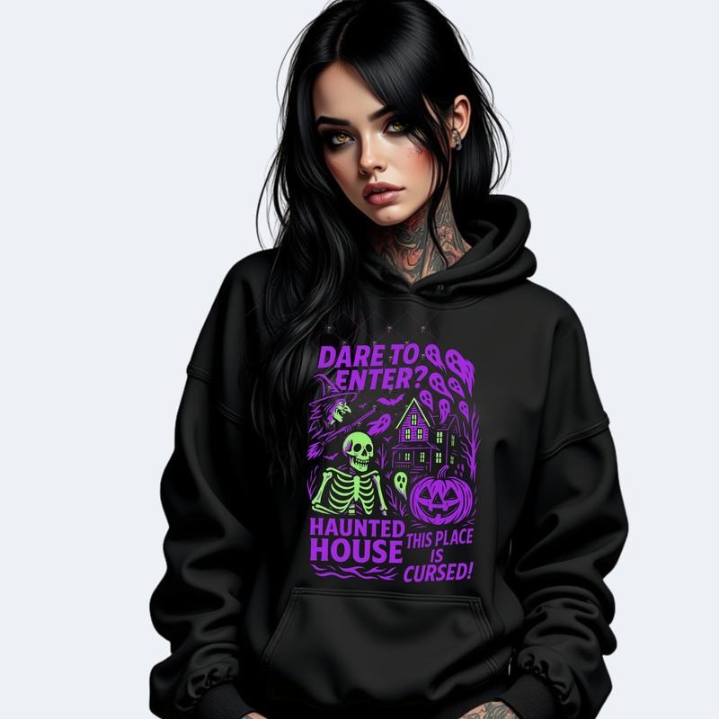 DARE TO ENTER HALLOWEEN SPOOKY Long Sleeve Crewneck Sweatshirt T Shirt or Hoodie Casual Poly Cotton Blend Graphic Design...