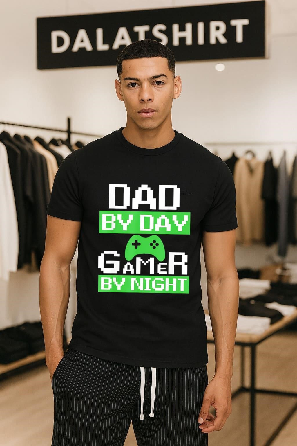 Dad By Day Gamer By Night Green Pixel Controller shirt