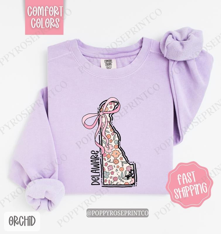 Delaware Floral Comfort Colors Sweatshirt, Delaware Sweatshirt, Cute Bow Delaware Sweatshirt T-Shirts, Hoodie