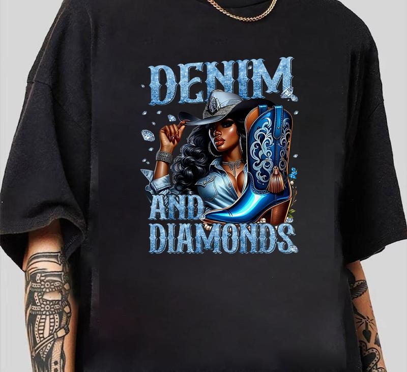 Denim and Diamonds African Melanin Swag Cowgirls Western T-Shirt Ultimate Gift for Fans Hoodie, Sweatshirt | TeeBloomCo.com
