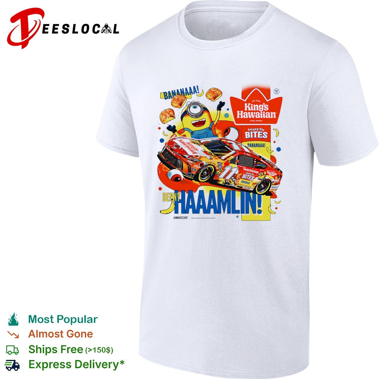 Denny Hamlin Joe Gibbs Racing NASCAR Minions King’s Hawaiian Bananaaa Shake’em Bites shirt