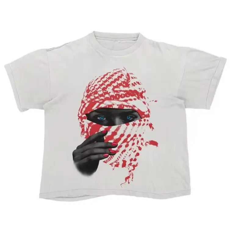 Desert Gaze Graphic T-Shirt, Red Scarf and Blue Eyes Art, Casual Unisex Cotton Top, Vintage-Inspired Streetwear Tee,...