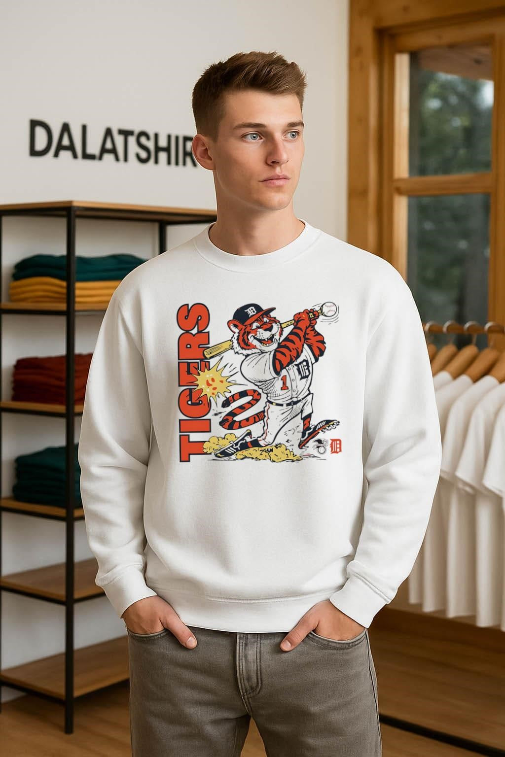 Detroit Tigers baseball mascot hitting a ball graphic shirt