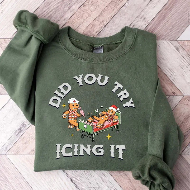Did You Try Icing It Christmas Gingerbread Cookies Retro Nurse Christmas Season Graphic Printed Unisex Classic Sweatshirt...