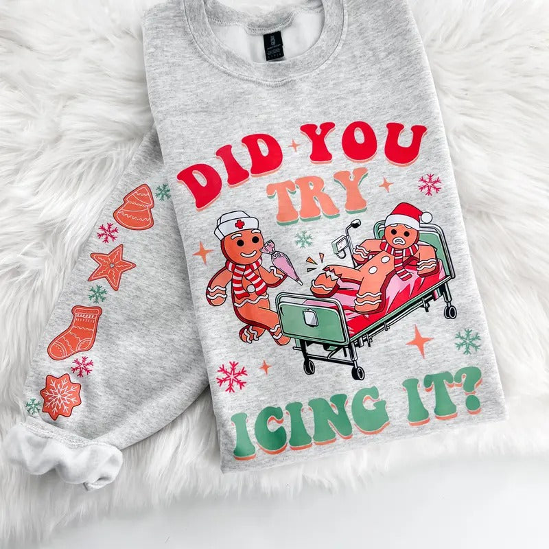 Did you try Icing it Gingerbread Nurse Sweatshirt or Hoodie with sleeve print Comfy Sublimation Tops Menswear Unisex...