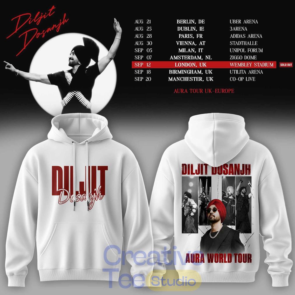 Diljit Dosanjh Aura World Tour ’26 – Europe & UK Edition Special White Tee Hoodie