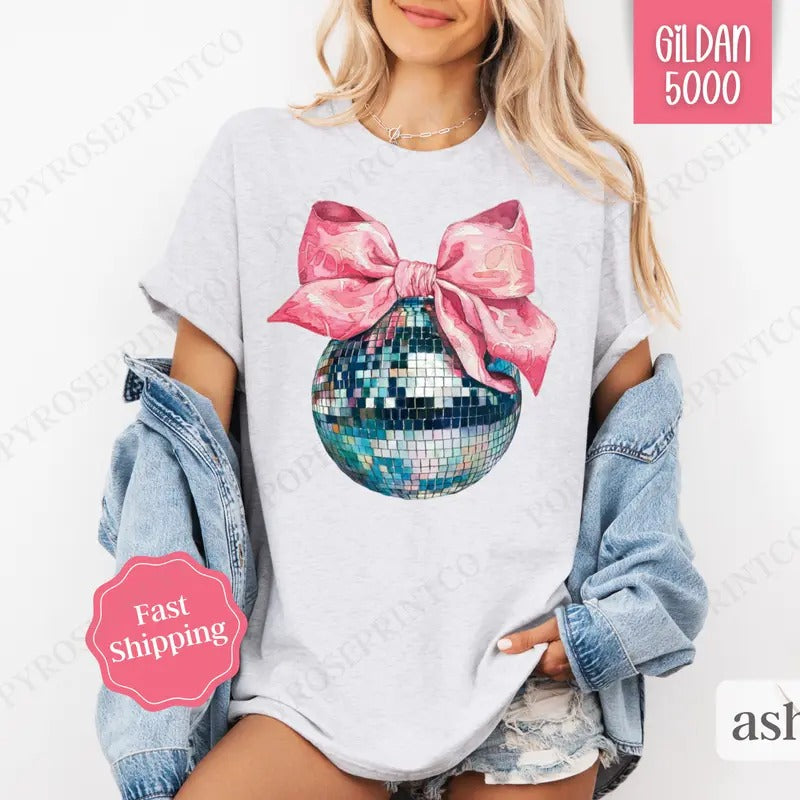 Disco Ball Bow Shirt Gildan, New Year's 2025 Women's Tee,  NYE Women's Tshirt Plus Sizes Hoodie, Sweatshirt | TeeBloomCo.com