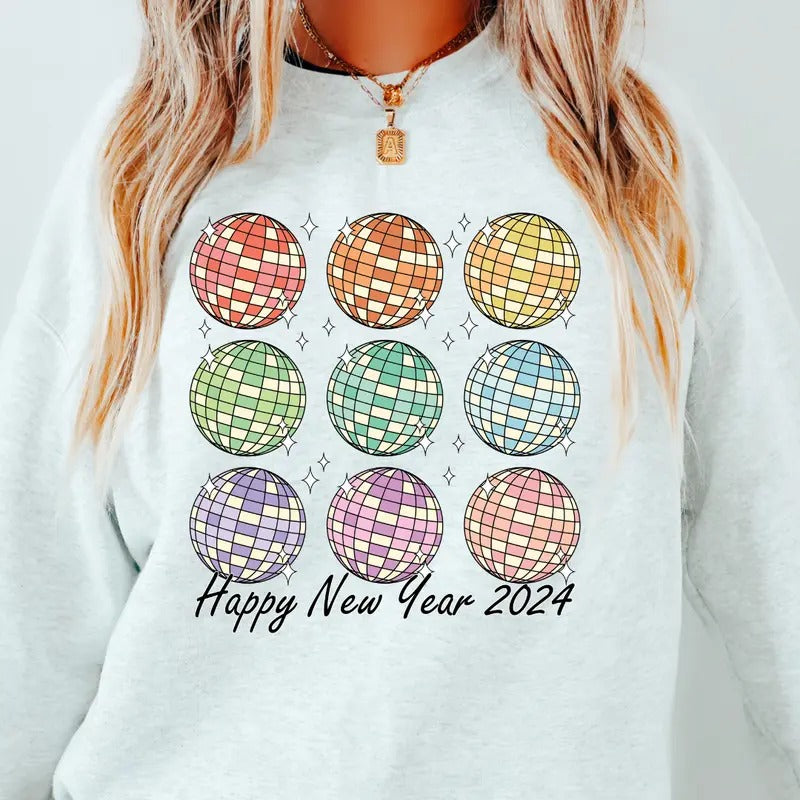 Disco Ball Pattern Happy New Year Causal Sweatshirt Unisex Fit Womenswear Hoodie T-Shirts | TeeBloomCo.com