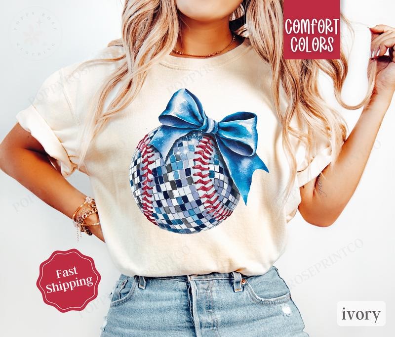 Disco Baseball Bow Shirt Comfort Colors, Womens Baseball Tee, Womenswear Oversized Crewneck, Coquette Clothing Hoodie,...