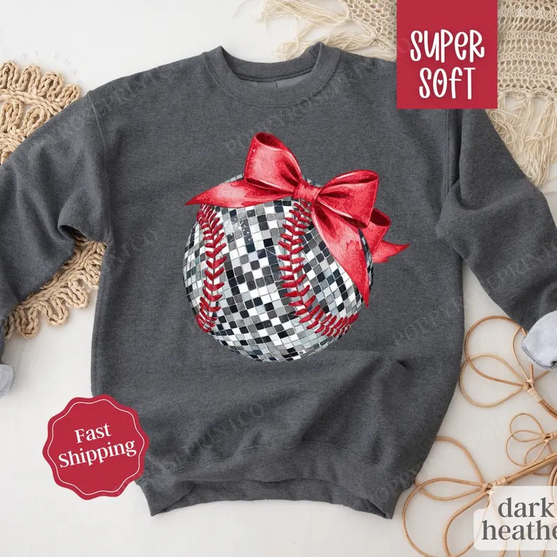 '=Disco Baseball Bow Sweatshirt, Game Day Baseball Crewneck, Womens Sweatshirt T-Shirts, Hoodie | TeeBloomCo.com
