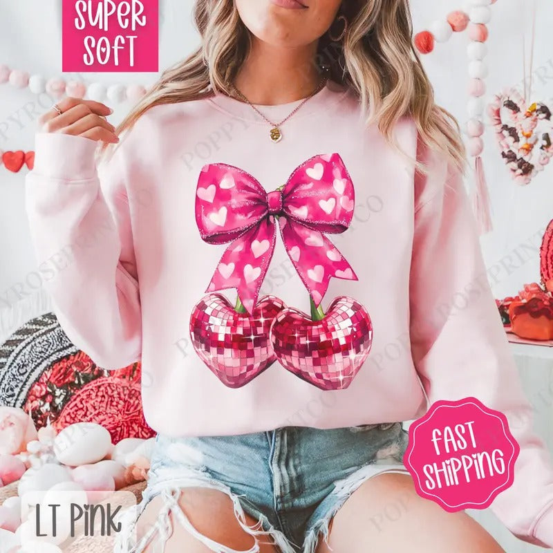 Disco Cherry Bow Sweatshirt, Valentine's Day Crewneck, Holiday Women's Sweater T-Shirts, Hoodie | TeeBloomCo.com