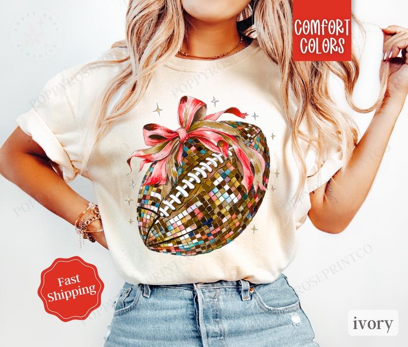 Disco Football Bow Shirt Comfort Colors, Game Day Womens Football Tee, Womenswear Oversized Crewneck, Coquette...
