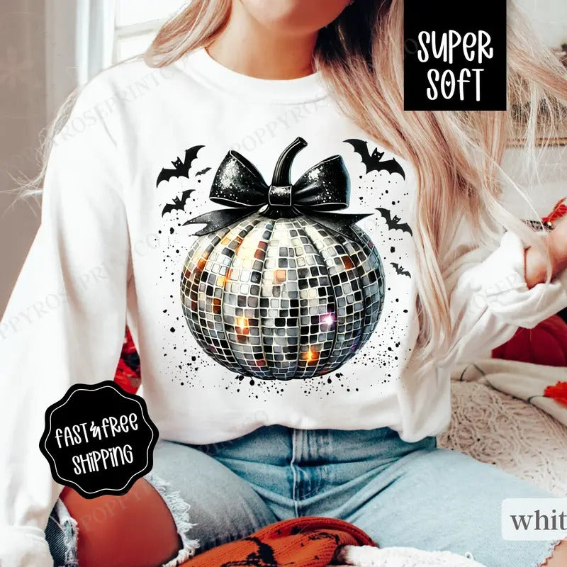 Disco Pumpkin Sweatshirt, Preppy Fall Crewneck, Womens Sweatshirt, Fall Pumpkin Sweater T-Shirts, Hoodie | TeeBloomCo.com