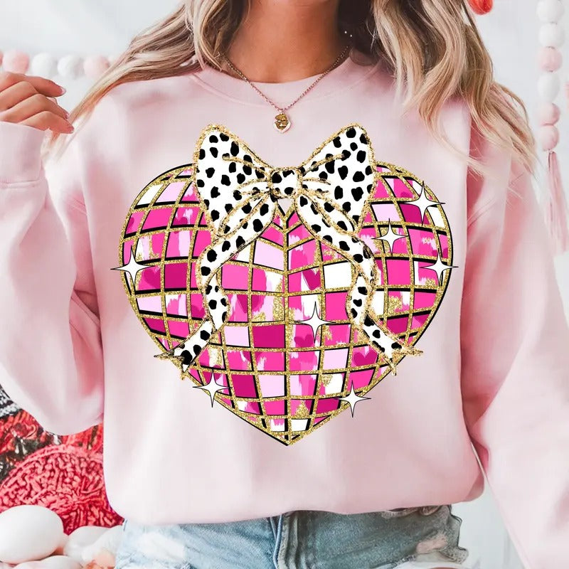 Disco Valentine Coquette Bow Heart T-Shirt, Glitter Valentine Heart Sweatshirt, Valentine's Day Crewneck Hoodie