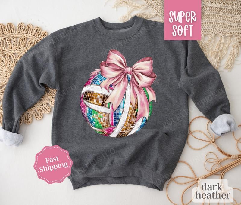 Disco Volleyball Bow Sweatshirt, Game Day Volleyball Crewneck, Womens Sweatshirt T-Shirts, Hoodie | TeeBloomCo.com