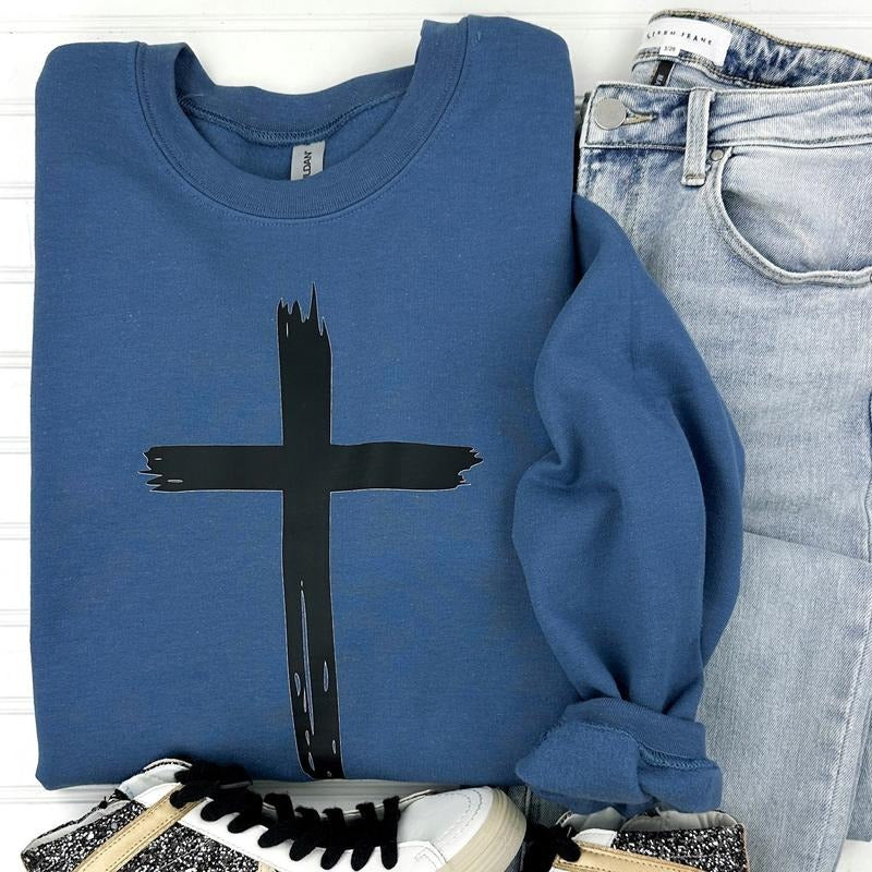 Distressed Black Cross Gildan Sweatshirt T-Shirts, Hoodie | TeeBloomCo.com