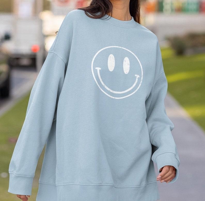 Distressed Smile Face Crew, Womens Smile Face couple Hoodie and Sweater; T-shirt Cotton Polyester Womenswear Light...