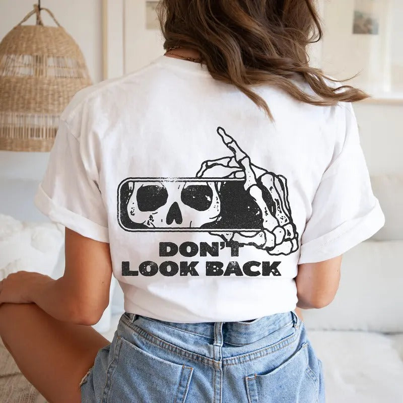 Don't Look Back Skeleton Oversized TShirt, Graphic Tees For Women, Boho Shirt, Plus Size Halloween Shirt, Skull Shirt...