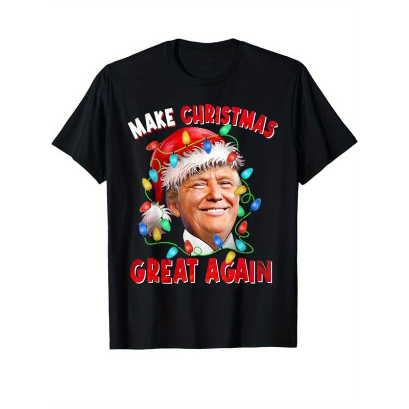 Donald Trump Christmas Print Men's Cotton Casual T-shirt, Short Sleeve Crew Neck Top, Men's Xmas Clothing made in usa...