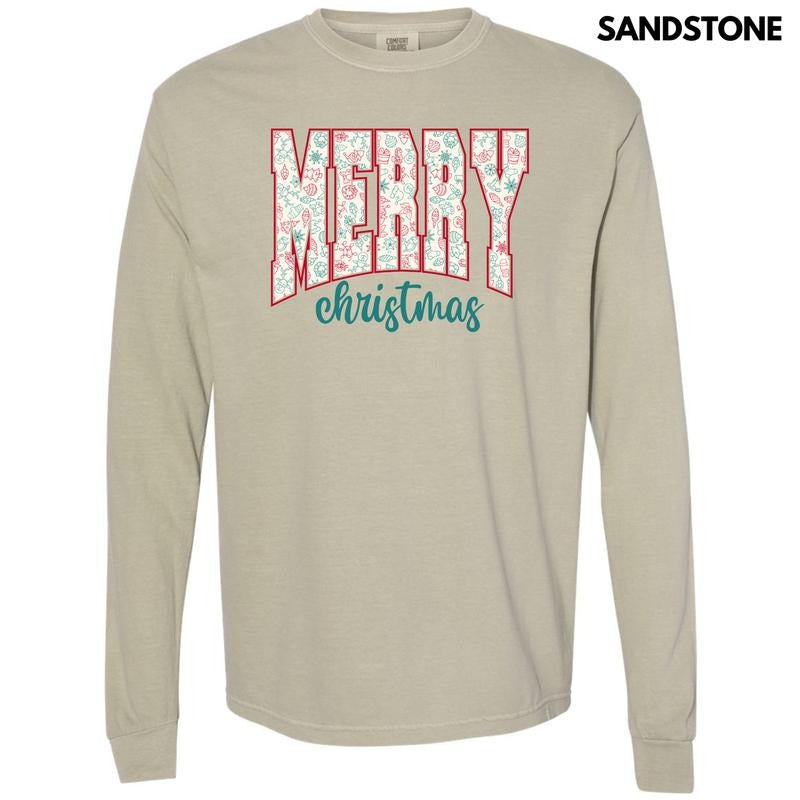 Doodle Merry Christmas Long Sleeve Comfort Colors T-Shirt 'NLB' Hoodie, Sweatshirt | TeeBloomCo.com