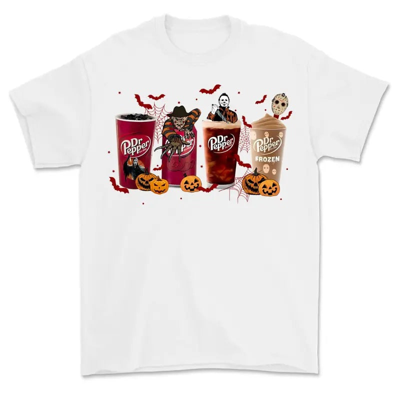 Dr Pepper Horror Shirt, Horror Movie Characters T-Shirt, Halloween T-Shirt, Spooky Season Hoodie, Sweatshirt | TeeBloomCo.com