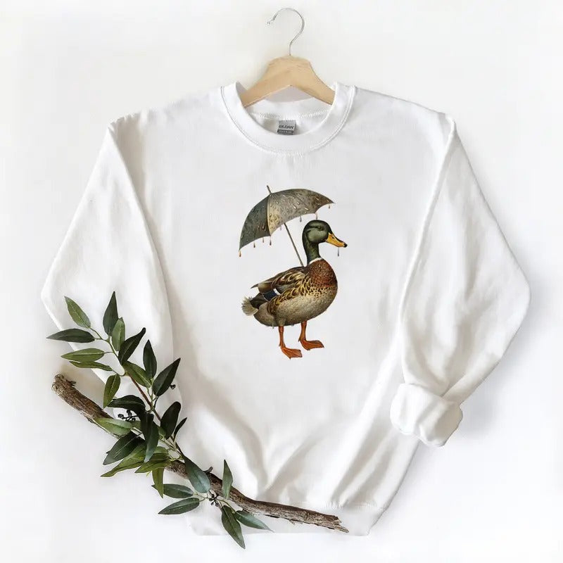 Duck under umbrella Retro Sweatshirt Mallard Duck on box Unisex Tshirt Hoodie, duck lovers Cotton | TeeBloomCo.com