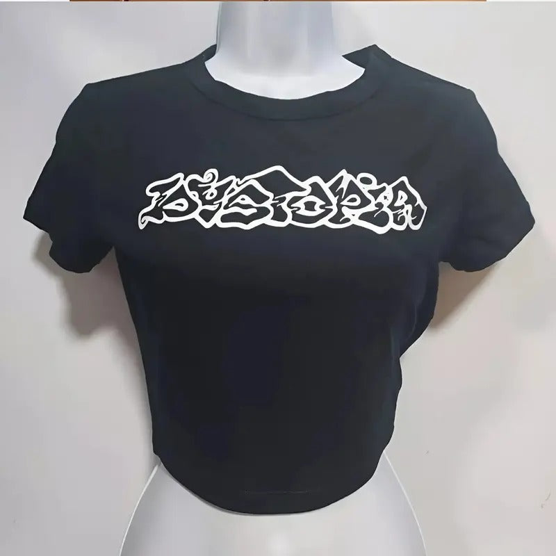 Dystopia Baby Tee - Short Sleeve Graphic T-Shirt for Casual Occasions