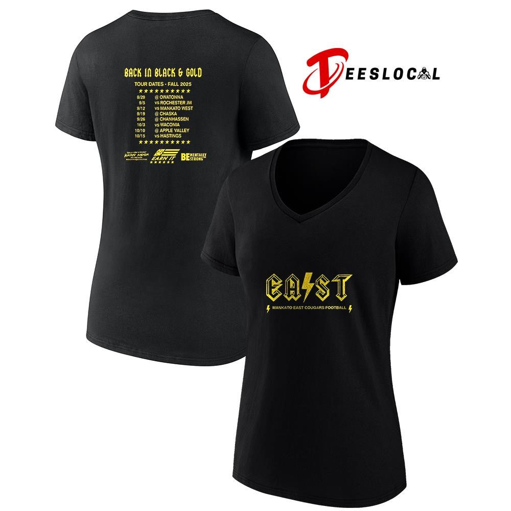 EAST Mankato East Cougars football Back in black and gold graphic shirt