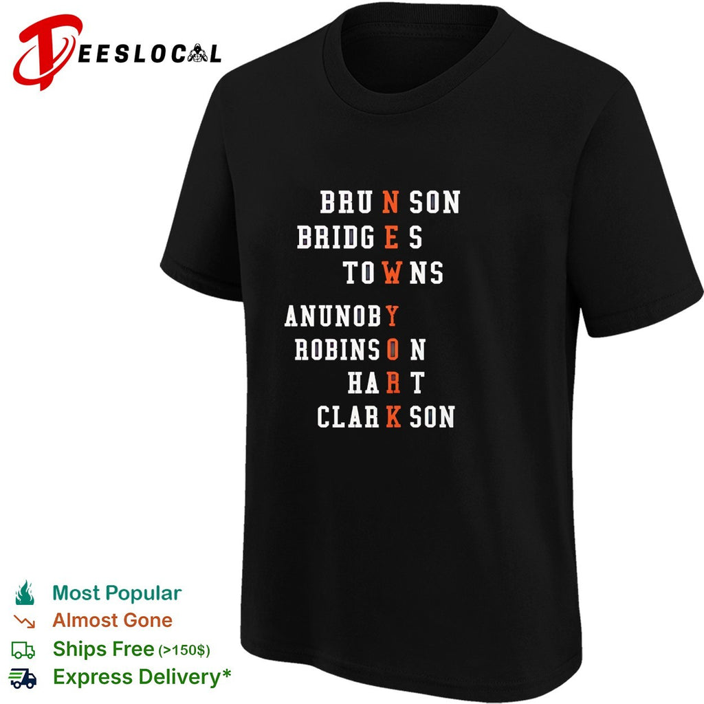 New York Knicks players names spelling NYC vertical bold text shirt