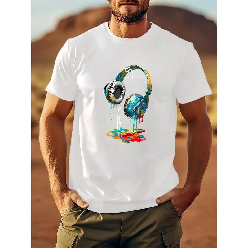 "Earphone" pattern printing casual novel men's T-shirt, short-sleeved summer shirt, comfortable fit, fashionable street...