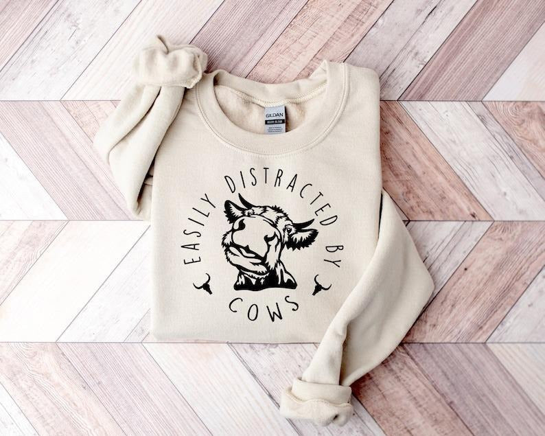Easily Distracted By Cows Sweatshirt, Aesthetic Sweater, Funny Cow Shirt, Farm Love Shirts, Farm Animal Sweatshirt,...