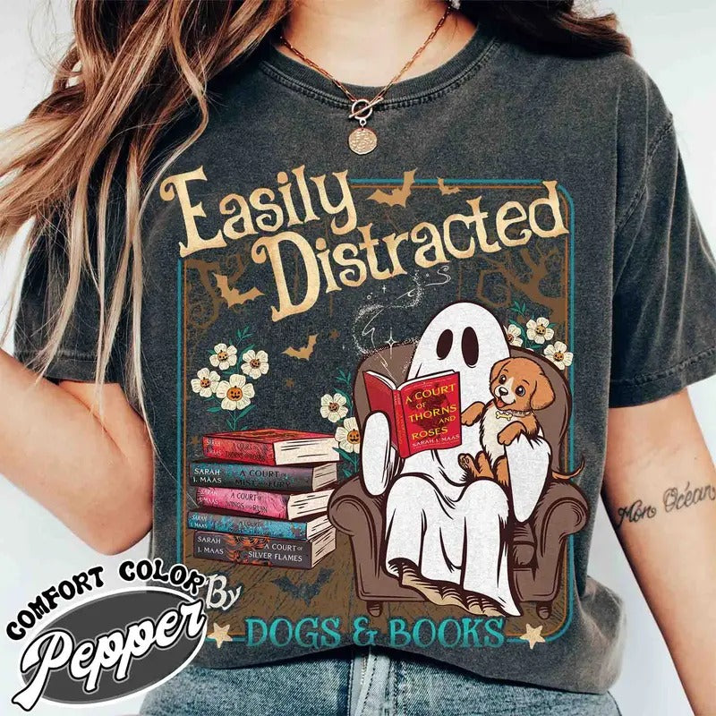 Easily Distracted Dogs And Books Shirt Books And Dogs Ghost Reading Books Shirt Halloween Little Ghost Book Lover Ghost...