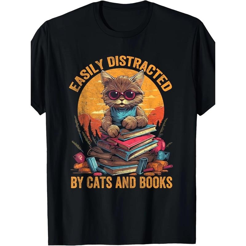 Easily distracted by cats and books Book lover T-shirt Made in USA Hoodie, Sweatshirt | TeeBloomCo.com