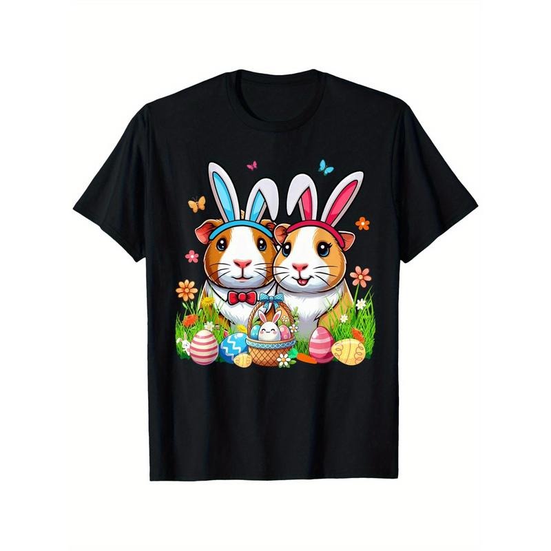 Easter Bunny Guinea Pig Graphic T-Shirt, 100% Cotton Crew Neck Tee, Casual Short Sleeve Knit Fabric Top with Heat...