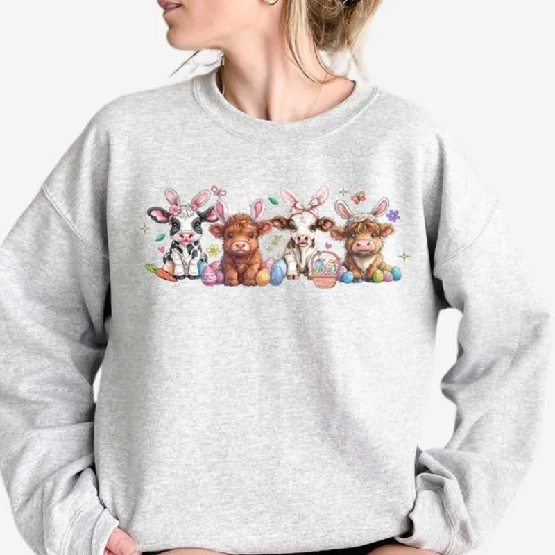 Easter Cow Sweatshirt, Heifer Easter Day Crewneck, Trendy Sweater, Gift For Easter T-Shirts, Hoodie | TeeBloomCo.com