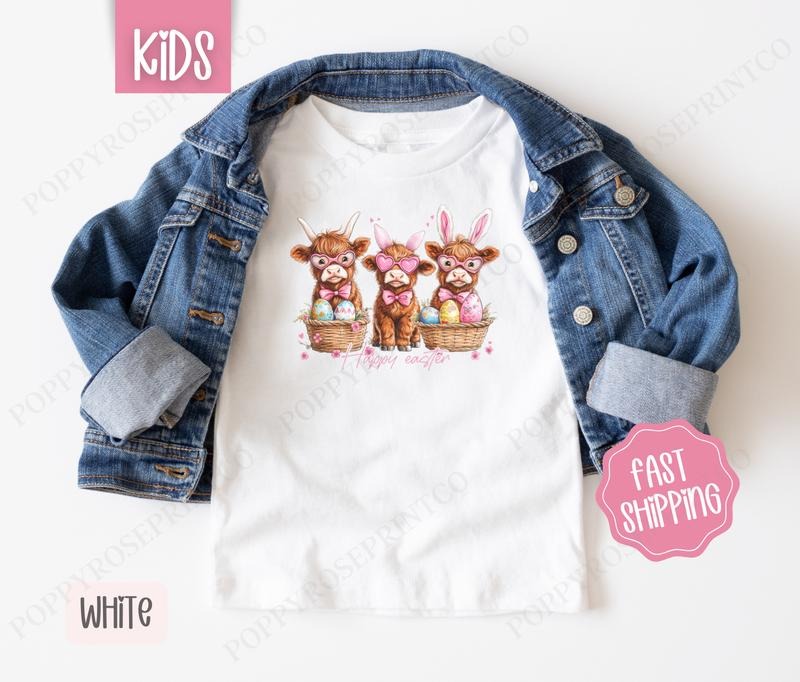 Easter Highland Cows Kids Shirt - Easter Children's Tshirt - Cute Youth Tee Gildan Hoodie, Sweatshirt | TeeBloomCo.com