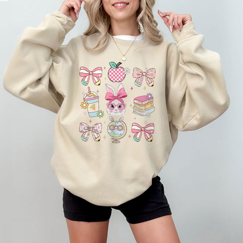 Easter Teacher Shirt, Bunny Glasses Bow Tee, Cute Spring Classroom Sweatshirt for Women, Teacher Easter Outfit Hoodie
