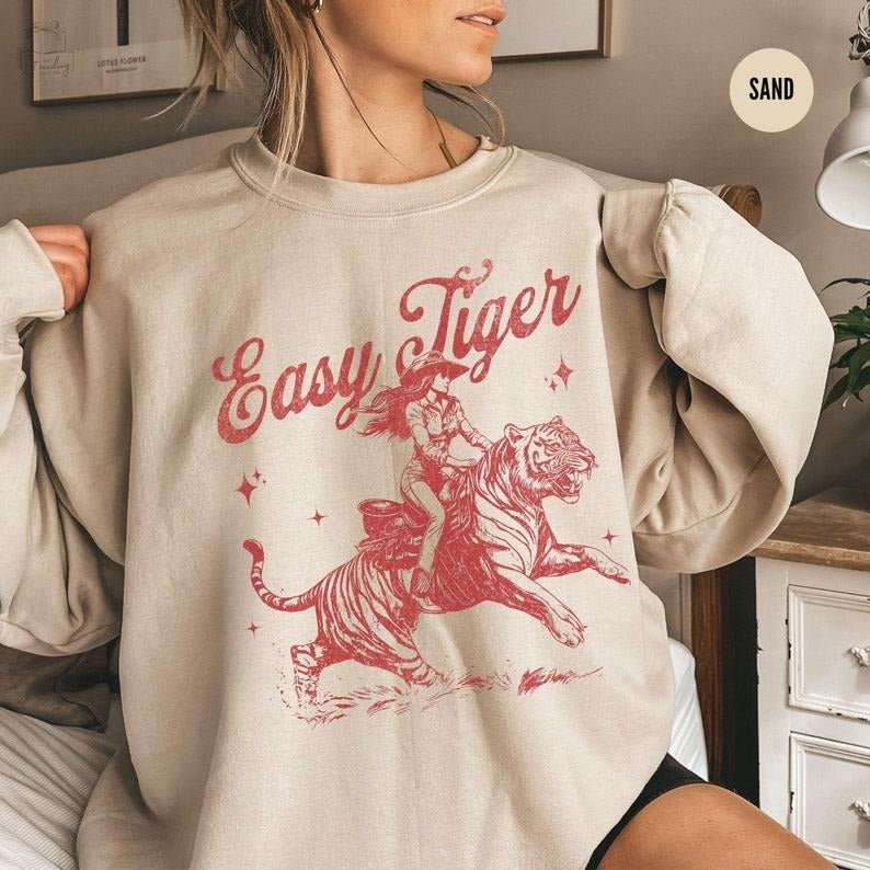 Easy Tiger Sweatshirt, Cowgirl Trendy Vintage Tiger Shirt, Country Concert Outfit, Edgy Feminist Grunge Aesthetic...