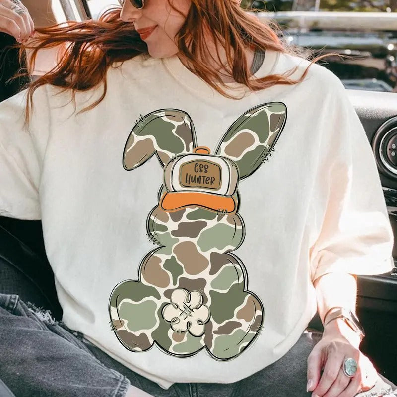 Egg Hunter Camo Easter Bunny Shirt, Oldschool Camo Bunny Easter Shirt, Bunny Easter's Day Tee, Retro Camoflage Shirt,...