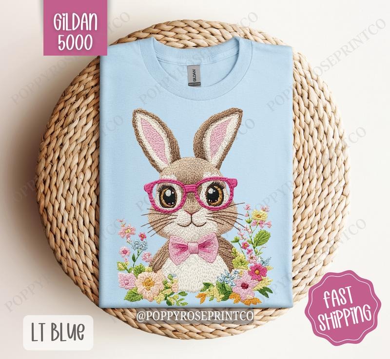Embroidered Bunny Shirt Gildan, Easter Women's Tee, Cute Women's Tshirt Plus Sizes Hoodie, Sweatshirt | TeeBloomCo.com