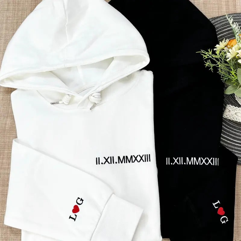 Embroidered Matching Couple Hoodies | Roman Numeral Sweatshirt Hoodie | Initial Heart on Sleeve T-Shirts | TeeBloomCo.com