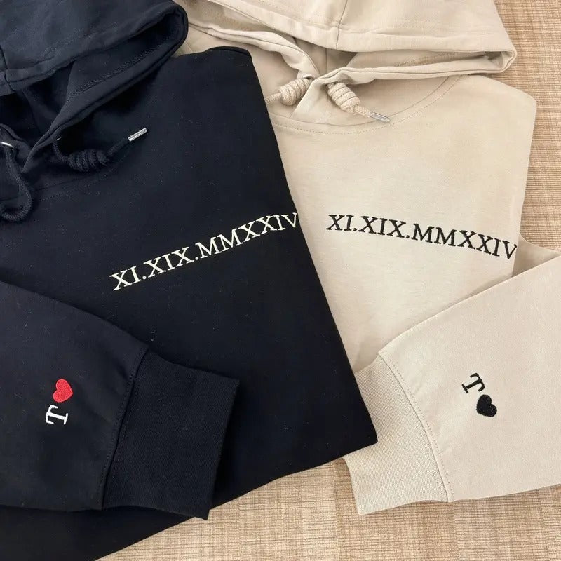 Embroidered Roman Numerals Hoodie, Date Couple Sweatshirt, Initials on Sleeve T-Shirts | TeeBloomCo.com