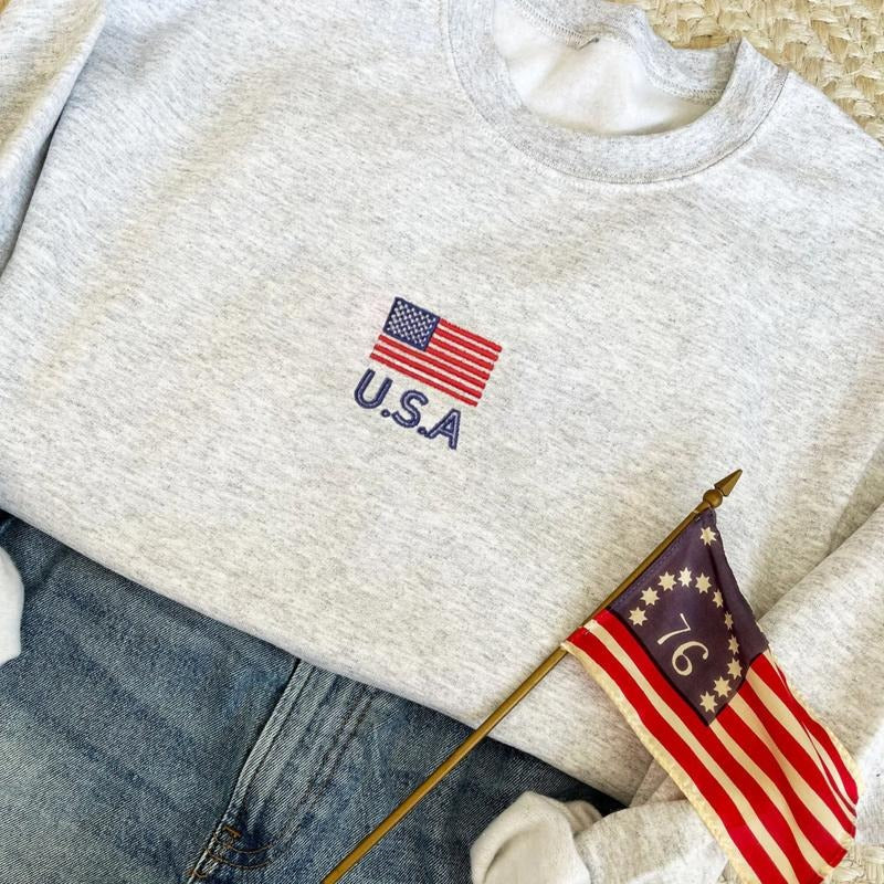 Embroidered USA Flag Sweatshirt, Embroidery American Flag T-Shirt, Tiny USA Flag Shirt, Patriotic Shirt, Gift For Fourth...
