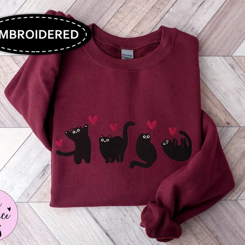 Embroidered Valentines Cats Sweatshirt, Funny Valentines Day Sweatshirt, Valentines Crewneck T-Shirts, Hoodie
