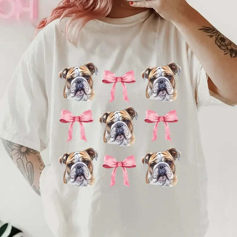 English bulldog and bows Shirt~ Unisex Apparel Relaxed Fit Printed In The USA Clothing Womenswear Casual Comfort Cotton...